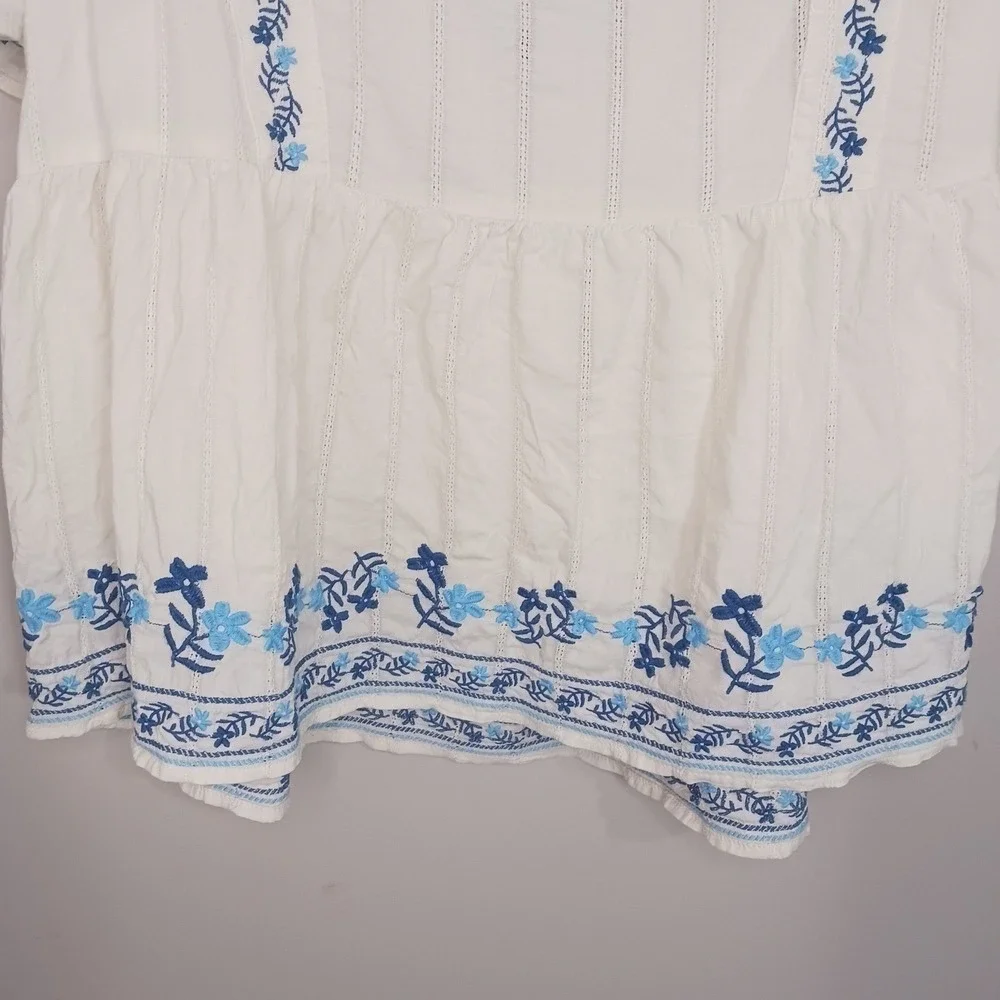 Old Navy Embroidered Peasant Blouse 3X Blue White Square Neck Plus Size Boho
